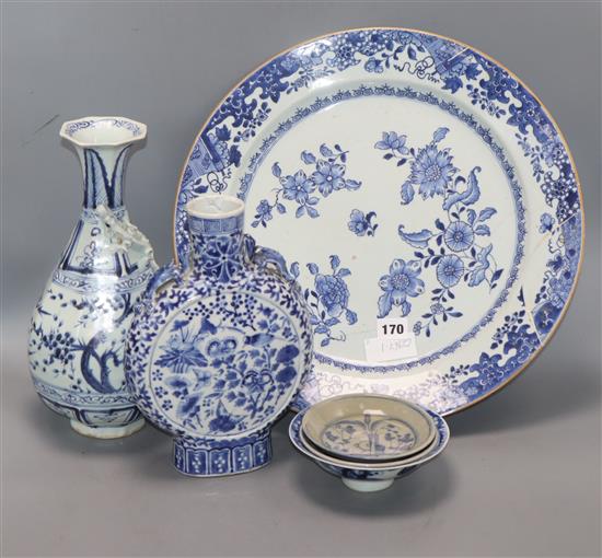 A Chinese blue and white moon flask, charger etc largest diameter 41cm